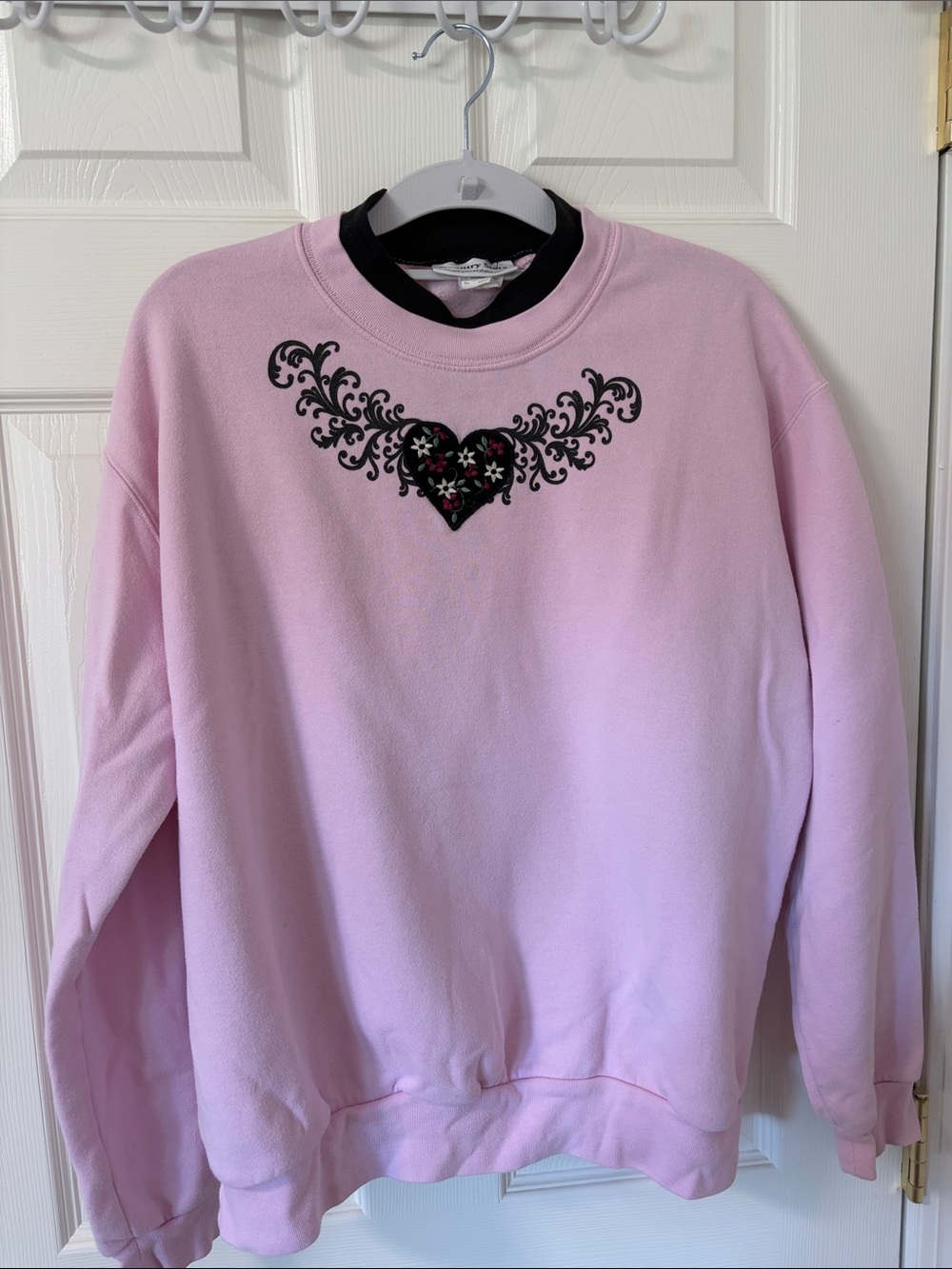 Light Pink Crewneck Sweater with Black Embroidered Heart - Women